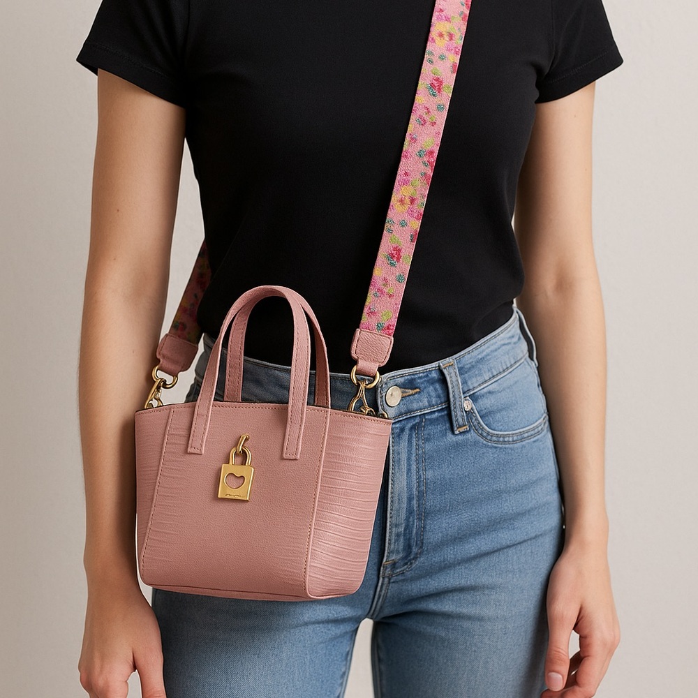 Betsey Johnson Pink Faux Lizard Tote Bag Heart Lock Floral Strap NWOT